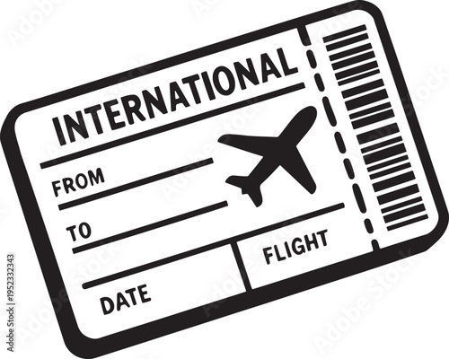 Black silhouette of an international flight ticket with barcode and airplane