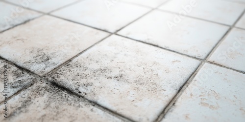 Dirty tiled floor with mold stains and uneven grout lines. Dark fungus growth.    