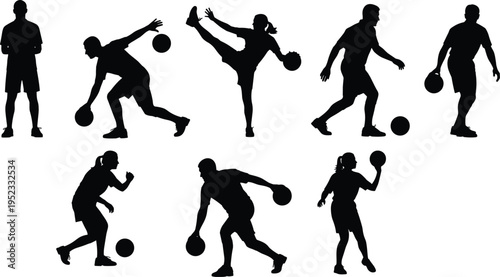 Basketball silhouettes, dynamic player poses, dribbling and shooting actions, sports training concept, athletic movement, ball control, physical education, vector illustration set