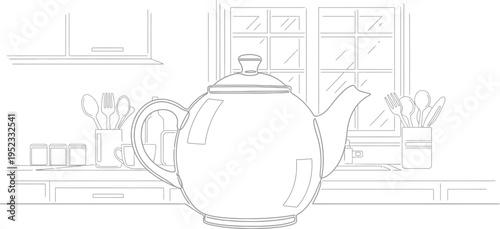 Simple line art drawing of a round teapot sitting centrally on a kitchen counter next to utensils