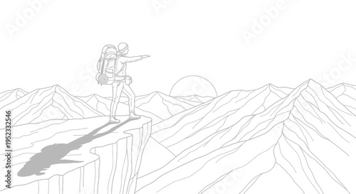 Solitary backpacker stands triumphantly upon a high mountain cliff overlooking vast range at sunrise