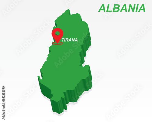 Albania Map with Capital Tirana - 3D Isometric Green Vector Illustration with Location Pin
