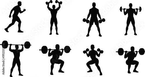 Fitness and Bodybuilding Silhouette Set with Men and Women Lifting Dumbbells and Barbells for Gym Training Weightlifting and Crossfit Workout