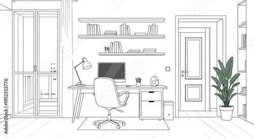 Minimalist home office with a modern computer setup, ergonomic chair, decorative shelves, and a bright window revealing an urban landscape.