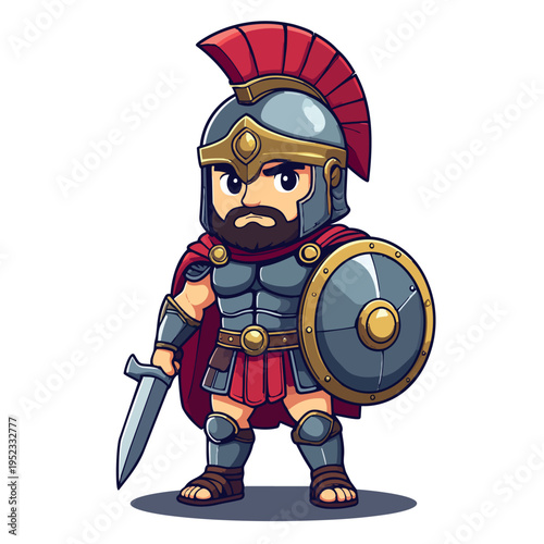Brave Ancient Warrior: A determined warrior, fully clad in shining armor and a red cape, stands ready, wielding a sword and shield, embodying the spirit of bravery and protection.