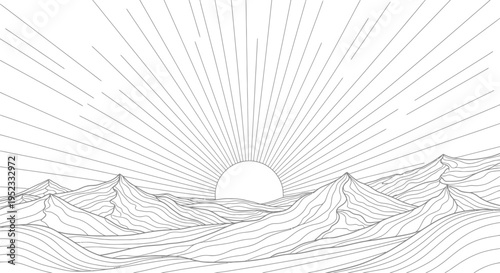 Minimalist line art illustration depicts a stylized sun rising above rolling desert mountains for coloring pages.