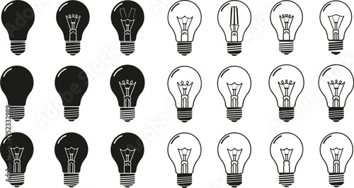 Light bulb icons, filament designs, outline and solid variations, creative electricity concept, innovation idea, energy symbol, vector illustration set
