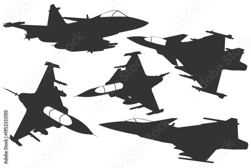 Pack silhouette jas 39 gripen fighter jet design from various view. Set vector illustrations swedish military aircraft in black and white color. Bundle monochrome drawing advanced multirole combat.