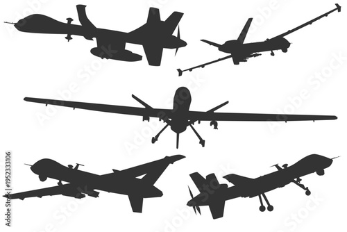 Bundle silhouette MQ-9 Reaper unmanned aircraft design. Vector illustrations MQ-9 UAV drone in black and white color from various angle. Monochrome drawing modern military surveillance combat drone.
