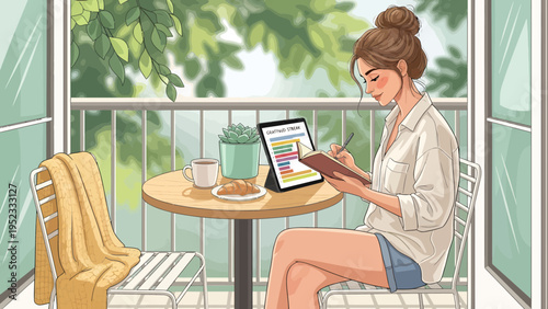 Young woman working on tablet and book on balcony.