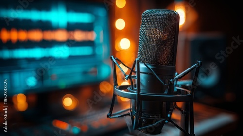 Recording studio for home for podcasting featuring a professional condenser mic and sound board, audio recording studio, audio recording studio equipment