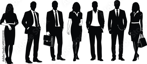 Business people silhouettes set, professional men and women in formal attire, corporate team standing poses, office workers isolated illustration