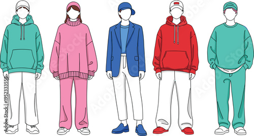 Casual streetwear people illustration, trendy outfits collection, modern urban fashion style, hoodie and jacket looks, minimal faceless character design