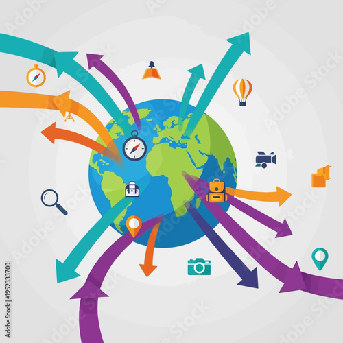 Global travel and tourism concept with arrows pointing to Earth, icons of travel and navigation.