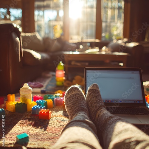 POV work from home laptop on couch in messy living room with baby toys bottle and blocks authentic parenting lifestyle