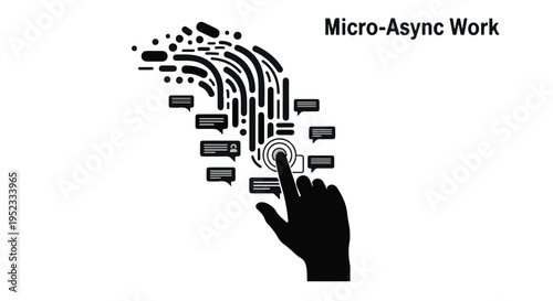Hand touches a digital interface initiating micro asynchronous work data flow on a.