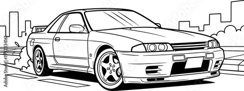 Dynamic monochrome illustration of a powerful sports vehicle drifting through a vibrant city street, showcasing high-performance automotive thrill in a graphic style.