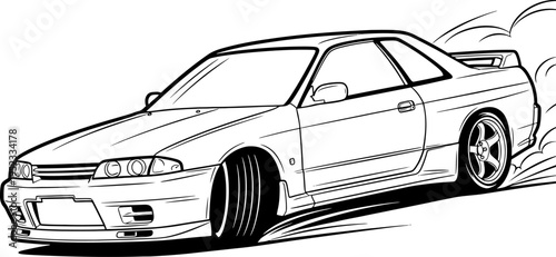 Dynamic line art illustration of a powerful sports car executing a thrilling drift, showcasing speed and controlled motion with tire smoke.