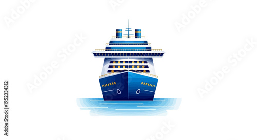 A vector illustration depicts a cruise ship head-on, floating in the water