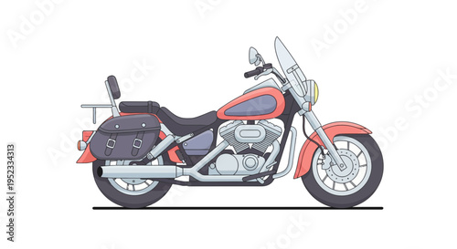 A detailed cartoon illustration of a motorcycle in red, gray, and black colors