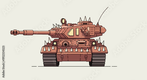 A detailed cartoon illustration depicts a reddish-brown tank with spikes and a long gun