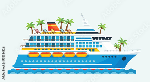 Colorful illustration of a cruise ship with palm trees, deck chairs, and ocean waves