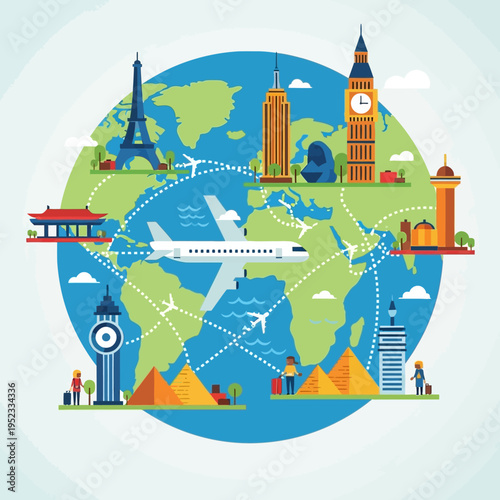 Global Travel Destinations: World Map with Landmarks and Airplanes