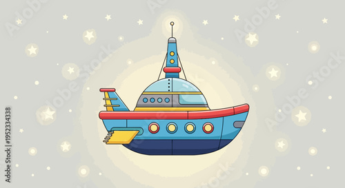 A cartoon spaceship floats against a starry background, surrounded by a soft glow