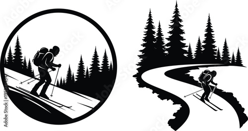 skiing, silhouette, winter, sport, skier, mountain, snow, forest, outdoor, adventure, black, vector, illustration, isolated, nature, trail, activity, landscape, travel, design