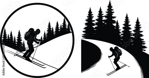 skiing, silhouette, winter, sport, skier, mountain, snow, forest, outdoor, adventure, black, vector, illustration, isolated, nature, trail, activity, landscape, travel, collection