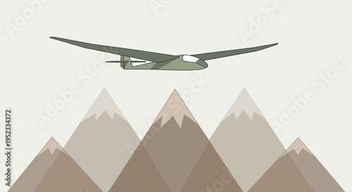 A glider soars above mountain peaks in a minimalist illustration with muted colors