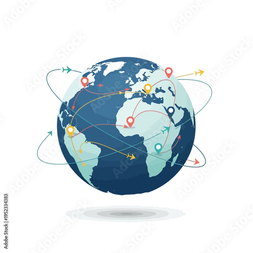 Global Travel Network: World Map with Flight Paths and Pins