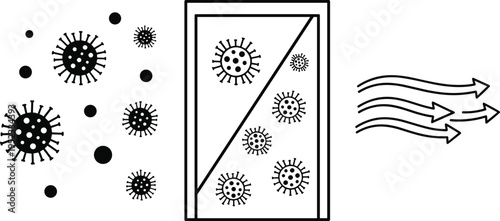 air, filtration, virus, protection, window, ventilation, airflow, hygiene, health, safety, clean, environment, filter, black, vector, illustration, isolated, concept, prevention, system