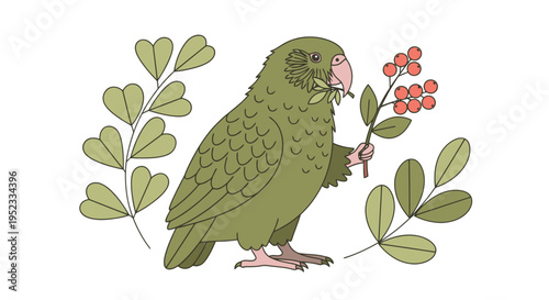An olive-green parrot with sprigs and berries, against a white backdrop