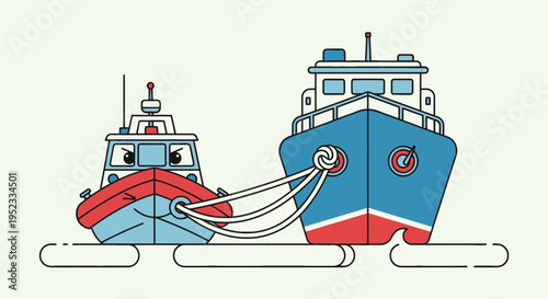 A cartoon tugboat assisting a large ship; both have faces. White ropes connect them