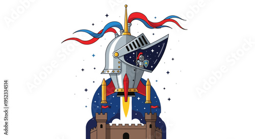 Knight's helmet with a rocket blasting off from a castle, surrounded by stars