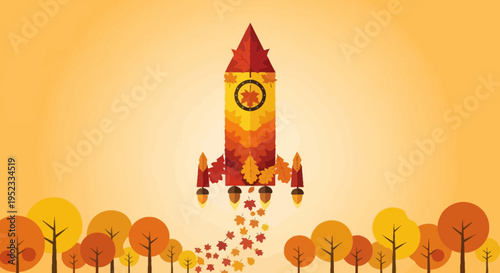 An autumnal rocket, made of leaves, launches from a forest. A leaf trail follows