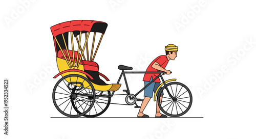 Illustration of a rickshaw with a red canopy, pulled by a man in a red shirt