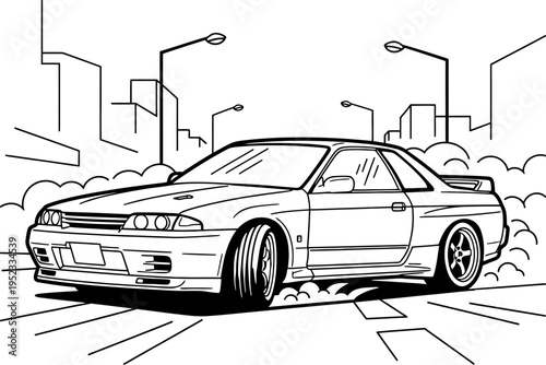 Dynamic line art illustration of a powerful sports car executing a controlled drift on an urban street, capturing the essence of speed and thrilling automotive performance in a modern city setting.