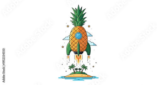 A pineapple-shaped rocket blasts off from a tropical island with clouds and stars
