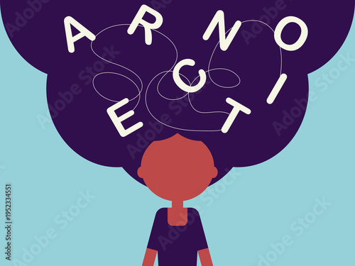 A flat vector graphic of a girl with stylized hair containing Latin alphabet letters, designed with bold shapes, solid colors, and clean lines. 