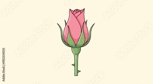 A pink rose bud illustration with green sepals, stem, and thorns, on a beige backdrop