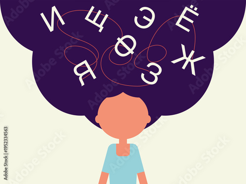 Cyrillic alphabet in a little girl's hair. The composition represents language learning and cognitive growth, suitable for educational or digital use. Vector illustration.