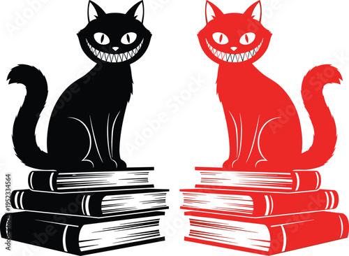 cat, silhouette, spooky, halloween, creepy, smiling, books, stack, animal, black, red, vector, illustration, isolated, character, horror, fantasy, design, mascot, collection