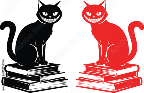 cat, silhouette, spooky, halloween, creepy, smiling, books, stack, animal, black, red, vector, illustration, isolated, character, horror, fantasy, design, mascot, set