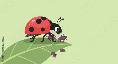 Cartoon ladybug with black spots and head on a leaf, eating small purple bugs