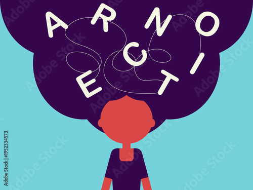 A creative illustration of a young girl learning a language, shown with a large cloud-like hairstyle filled with scattered Latin letters. The letters float and swirl within her hair.