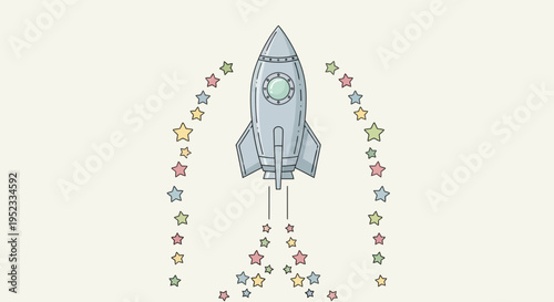 Cartoon rocket ship blasts off, surrounded by colorful star trails. White background