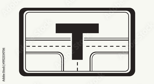 A black and white graphic depicting a 'T' intersection with lanes, inside a rounded rectangle