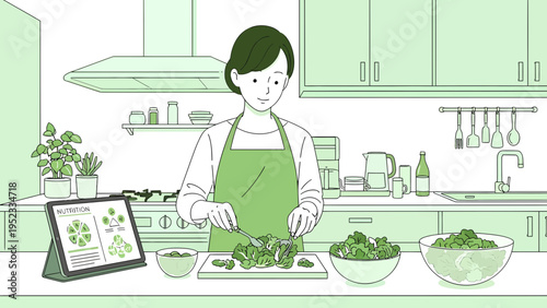 Woman preparing fresh salad in a modern kitchen.